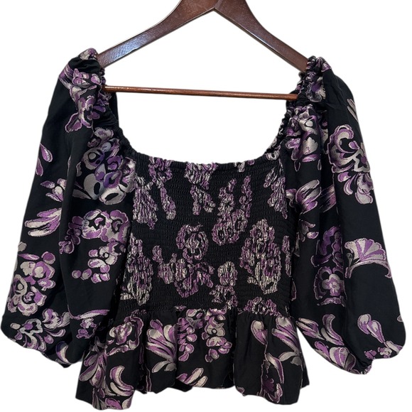 Tanya Taylor Smocked Peplum Top Square Neck Long Sleeve Large Whimsygoth Silk - Picture 5 of 10